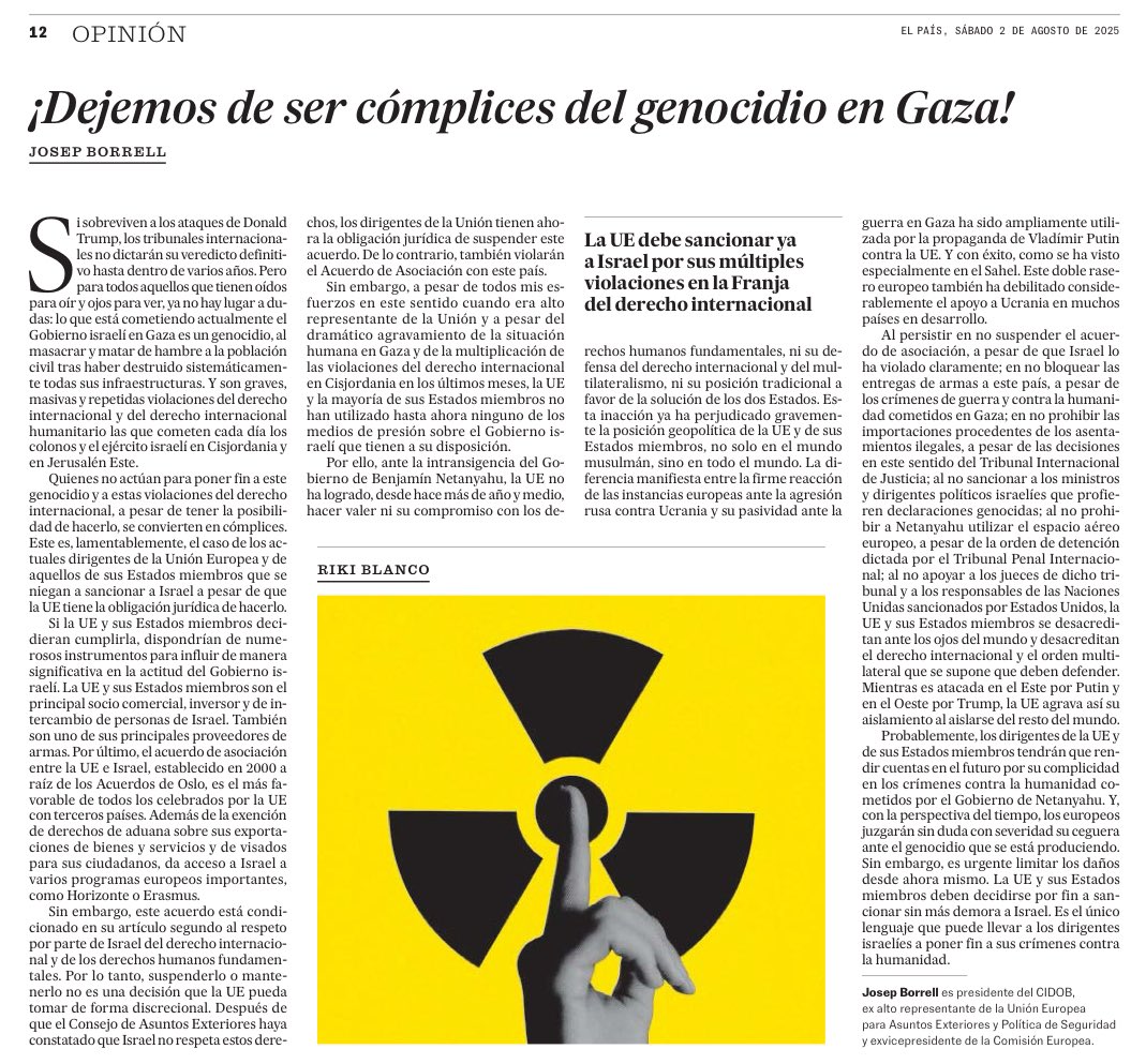 CidobBarcelona's tweet photo. “La UE y sus Estados miembros deben decidirse por fin a sancionar sin más demora a Israel. Es el único lenguaje que puede llevar a los dirigentes israelíes a poner fin a sus crímenes contra la humanidad”, tribuna de @JosepBorrellF en @el_pais
🗞️ https://t.co/Dy7Uv49Ejb https://t.co/KYb8ss7ID6