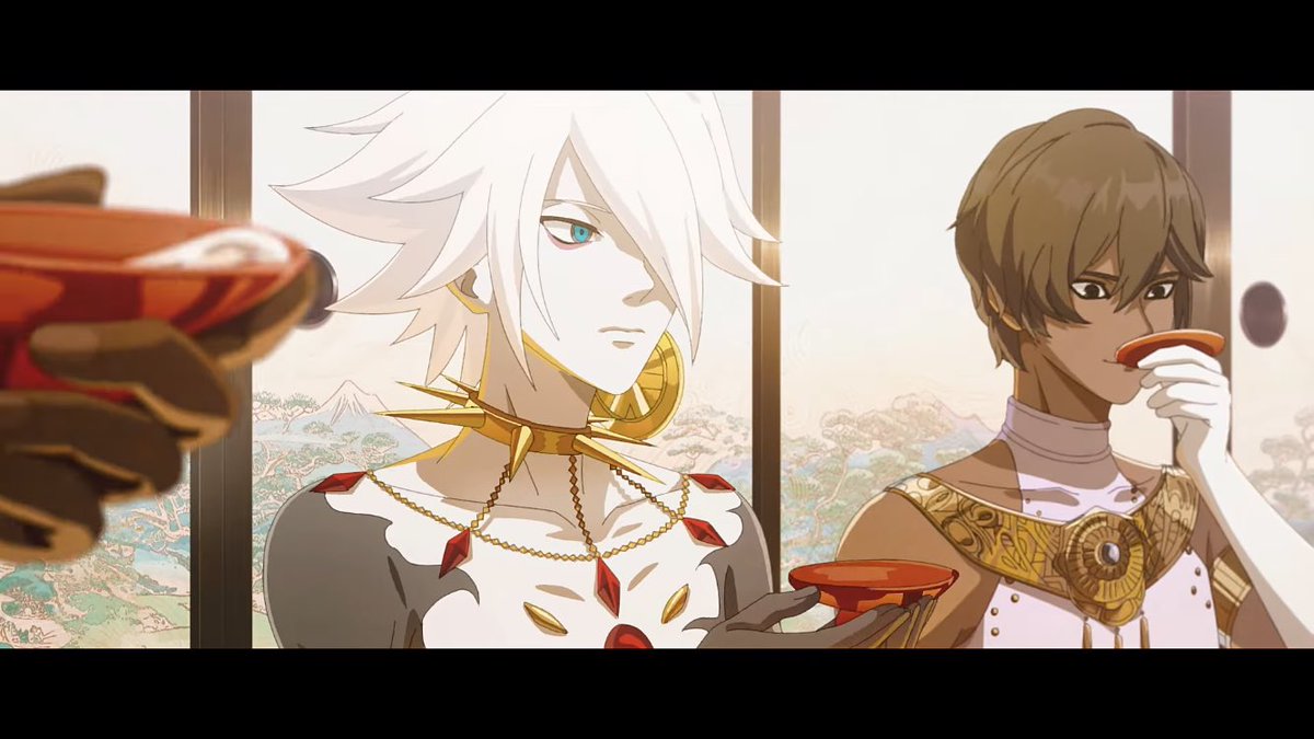 wine_8535's tweet photo. こっから見るとカルナさん、隣のアルジュナの飲み方見て盃を飲むという
 #FGO  #FGO10周年 https://t.co/3Y6Yd49PHG