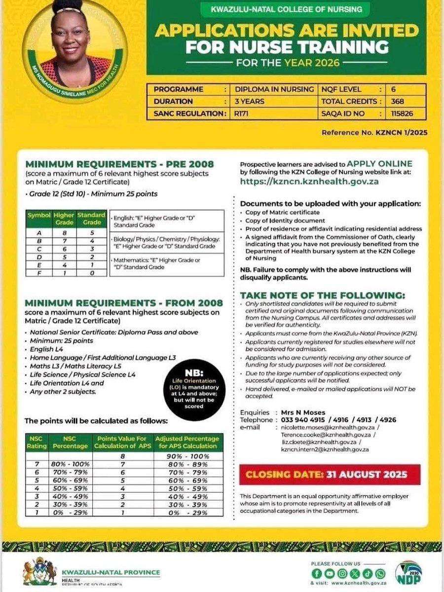 GovernmentZA's tweet photo. 📢 KZN College of Nursing Applications Now Open!
Apply now for the 2026 Diploma in Nursing (3 years, NQF Level 6).

📝 Closing Date: 31 August 2025
📍 Must be a KZN resident
💻 Apply online: https://t.co/j7tagbmPVJ
📄 Upload: Matric certificate, ID, proof of address, and signed affidavit.

Only online applications will be accepted. No emails or hand deliveries.

#Nursing2026 #KZNHealth #NursingApplications