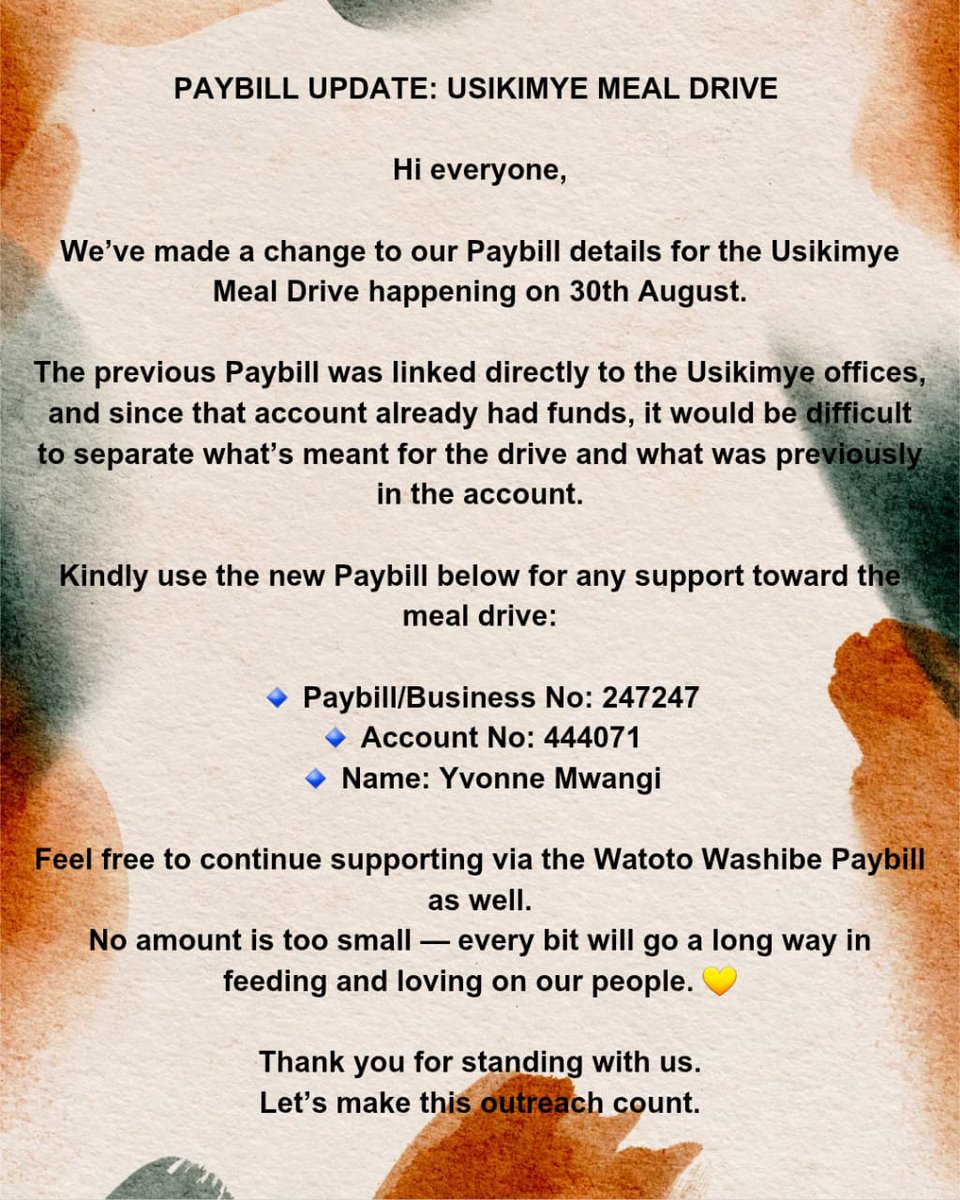Wairimu (@mishbosslady__) on Twitter photo Hi guys <a href="/ChefGaella254/">Abbie Gal𓃵 Nomadic Chef 👩🍳</a> & Co will be cooking for the Usikimye kids & elderly on 30th August.
If you’d like to support by sending ingredients or financial support, here’s the
Paybill/Business no: 247247
Account: 444071
Name: Yvonne Mwangi
Please RT widely & contribute kidogo 🙏🏼 Hi guys <a href="/ChefGaella254/">Abbie Gal𓃵 Nomadic Chef 👩🍳</a> & Co will be cooking for the Usikimye kids & elderly on 30th August.
If you’d like to support by sending ingredients or financial support, here’s the
Paybill/Business no: 247247
Account: 444071
Name: Yvonne Mwangi
Please RT widely & contribute kidogo 🙏🏼