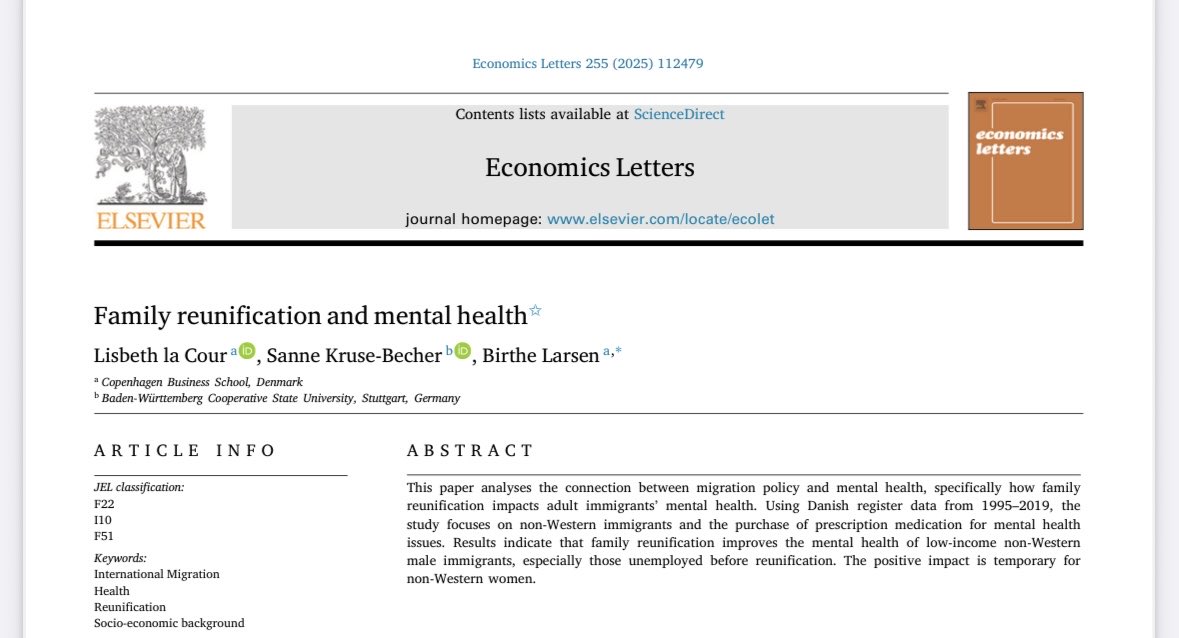 Happy to share my research on the impact of Family Reunification on mental health published in Economics Letters, <a href="/sciencedirect/">Elsevier | ScienceDirect</a> :

We show: 
• Reunification improves mental health of low-income, non-Western unemployed men. • Mental health gains from reunification are