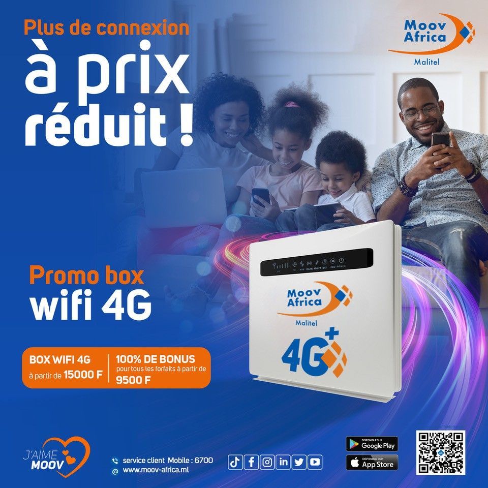 Plus de connexion à prix réduit, c’est maintenant avec Moov Africa !
Profitez de notre box 4G dès 15 000 F et recevez 100% de bonus sur vos forfaits.

Rendez-vous en agence.

 #BoxWifiMoov #MoovAfricaMalitel  #MyMoov #Jaimemoov