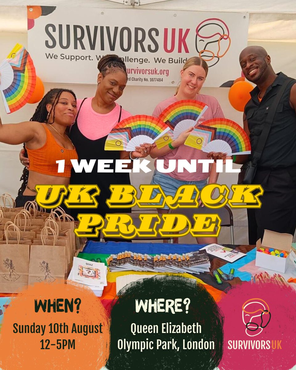 SurvivorsUK's tweet photo. Next Sunday we will be at @UKBlackPride representing survivors and celebrating 20 years of UK Black Pride! 🏳️‍🌈 🙌🏾

We will have games &amp; goodies at our stall, so don't be shy. Come say hi!

When? ⏰
Sunday 10th August, 12-5PM

Where? 📍
Queen Elizabeth Park,
London https://t.co/Cnm2XKtb5V