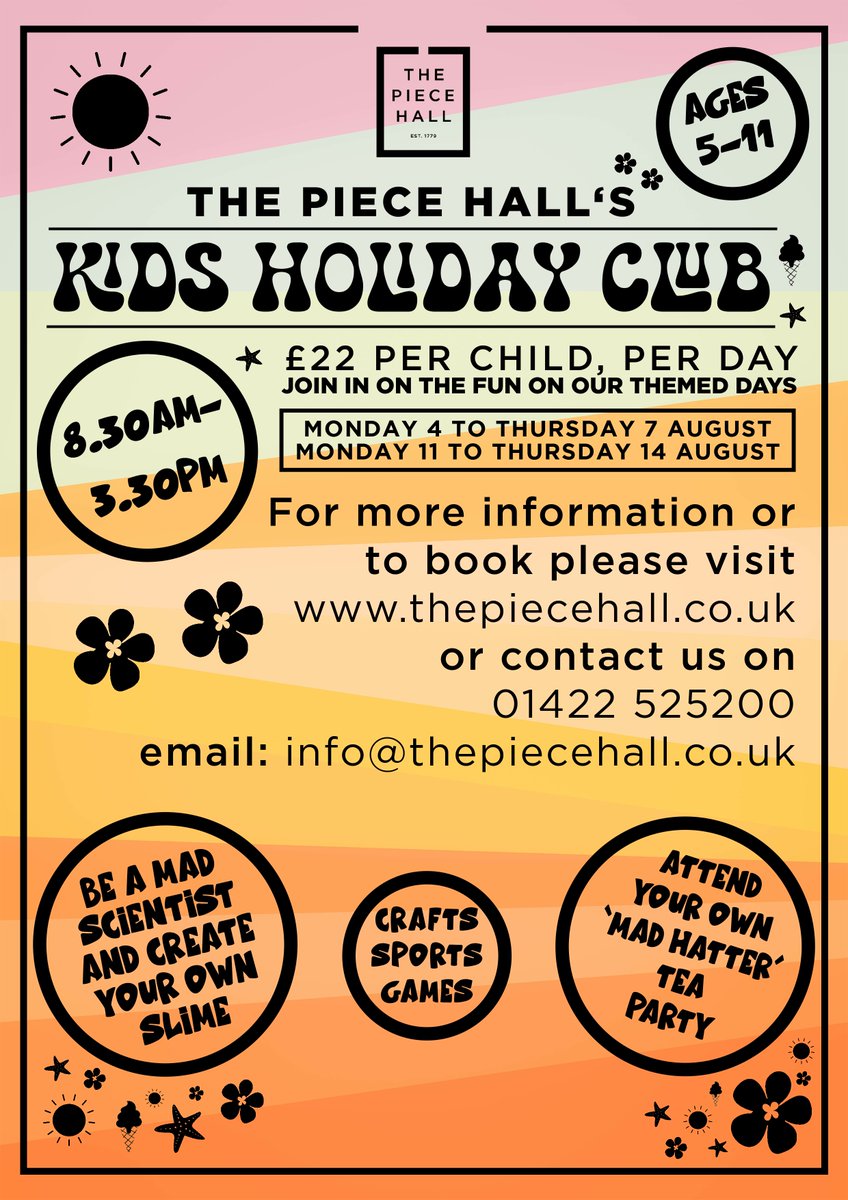 ☀️ Check out our themed holiday clubs this August for children aged 5 - 11! The fun-packed days run in two 4-day blocks from next Monday and will include crafting, games, sports + more

Places are limited! Book now: thepiecehall.co.uk/event/the-piec…