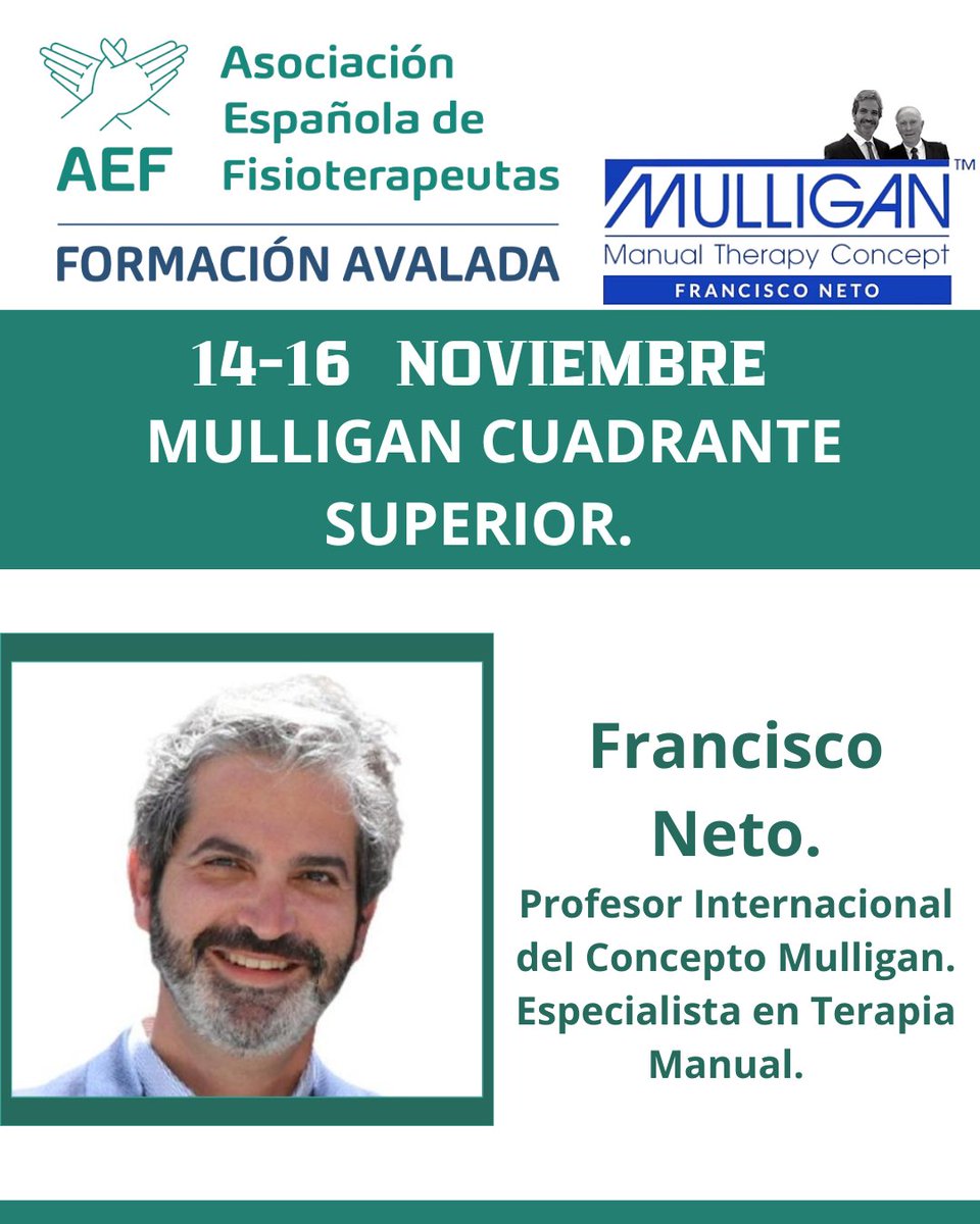 🧠✋ Aprende técnicas avanzadas de terapia manual con el experto Francisco Neto.
📅 14-16 Nov 2025, Madrid.
Plazas limitadas. Inscríbete ya! ➡️ bit.ly/4ljbmwG
#Fisioterapia #ConceptoMulligan #Madrid2025