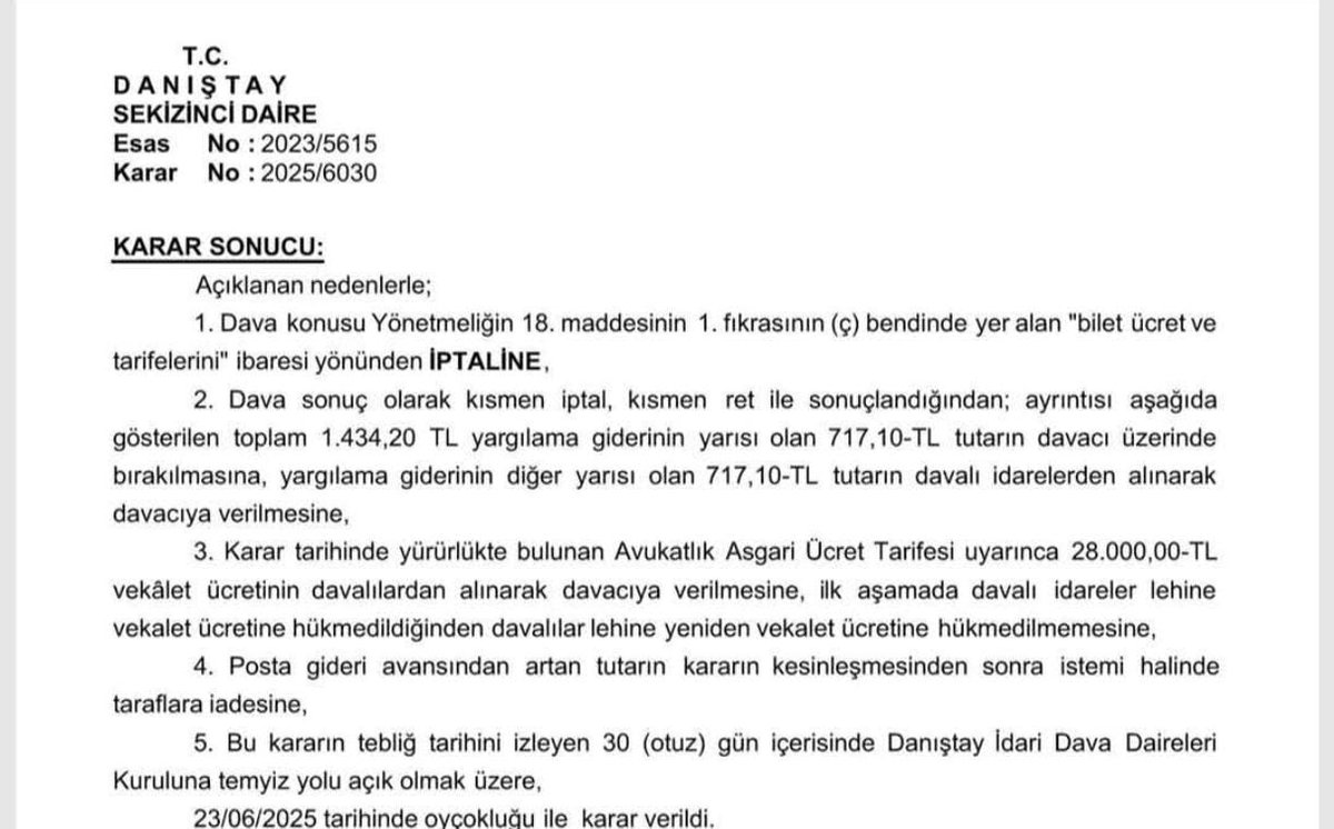 ismetDALCI's tweet photo. Değerli Taksi Esnafımız,

Dün  sosyal medyaya düşen ve İTEO Başkanı Eyüp Aksu'nun kendisi ve İTEO ile hiçbir ilişkisi olmadığı halde, sanki davayı kendileri açmış gibi algı yaratmaya yönelik paylaşım yaptığı,  DANIŞTAY 8. DAİRENİN 23.06.2025 tarihinde sonuçlanan dava ile ilgili olarak;

DAVAYI TAMAMEN BİREYSEL OLARAK AÇAN, Davacı YMM  Sn. Muammer Özkoca ile bugün bizzat görüştüm. 

KENDİSİ DAVAYI 12 YIL ÖNCE  AÇTIĞINI ve ulaşım zamları ile ispark ücretleri ve ispark işleyişi ilgili yapılan düzenlemelerin siyasi olduğunu düşünerek, TAMAMEN KAMU YARARINI HEDEFLEYEREK dava yoluna gittiğini, söyledi.

Dava sonucuna Taksi özelinde bakacak olursak;
Danıştay 8. Dairenin, 23 Haziran 2025 tarihinde verdiği bu karar ile, UKOME ZAM VERME KONUSUNDA YETKİSİZ KALMAKTADIR. 
YETKİ, bu durumda İBB MECLİSİNE GEÇMEKTEDİR. 

Elbette buradaki oy çokluğu dengeleri, bizlere verilecek zam oranını etkileyecektir.

İBB MECLİSİ, Ağustos ayında tatilde olduğu için, ancak EYLÜL AYINDA ZAM ORANLARI GÖRÜŞÜLEBİLECEKTİR.

Ancak 5362 sayılı ESNAF VE SANATKÂRLAR MESLEK KURULUŞLARI kanununda belirtildiği üzere, İSTESOB ,bizlerin Taksimetre zammını VEREBİLİR.
Örneğin, Ankara'da bu şekilde zam uygulaması devam etmektedir.

Davalıların sürece itiraz hakları devam etmekte oldup, bizler de tüm süreci takip ediyor olacağız.

Değerli Taksi Esnafımızın bilgilerine sunarız.

İSMET DALCI ,
TAKSİCİLER ESNAF ODASI,
BAŞKAN ADAYI

@MehmetYiginer @_FAIKYILMAZ @tsofresmi @taksi_esnafi