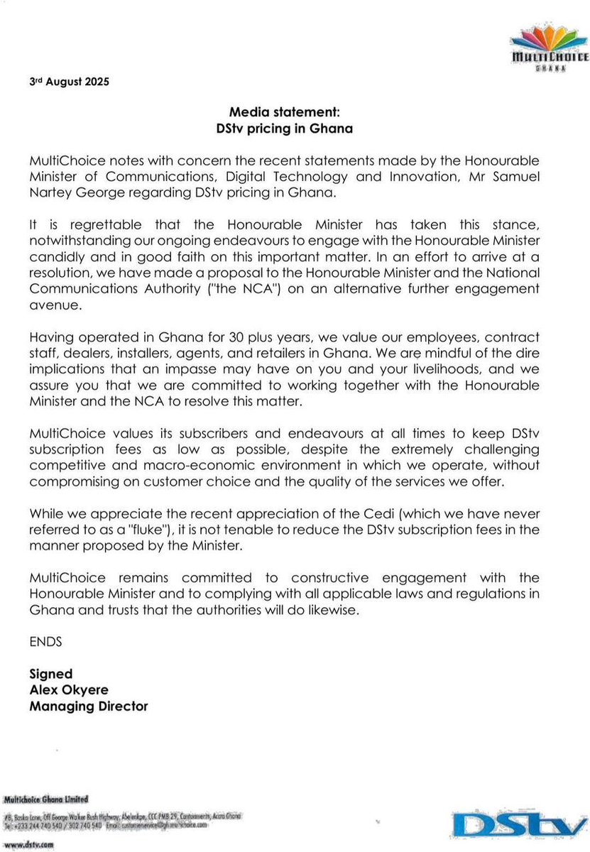 Joy997FM's tweet photo. MultiChoice responds to Communications Minister Sam George’s directive to NCA on DStv prices, says it is not tenable to reduce prices in manner proposed by the Minister.

#JoyNews https://t.co/sE0k4E75TY