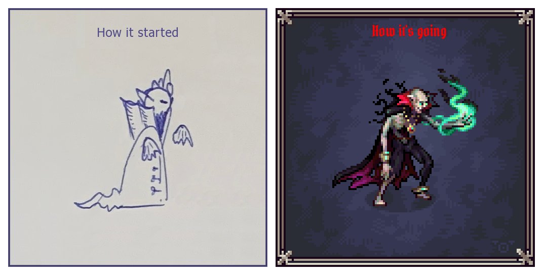 They say it doesn't matter where you start, only where you finish.

Here's the journey of our Necromancer, from a pen-and-paper sketch to a vibrant pixel art battle sprite.  

We hope you like it! As always, let us know your thoughts!❤️

Stay fresh. Stay juicy.
🩸🩸🩸