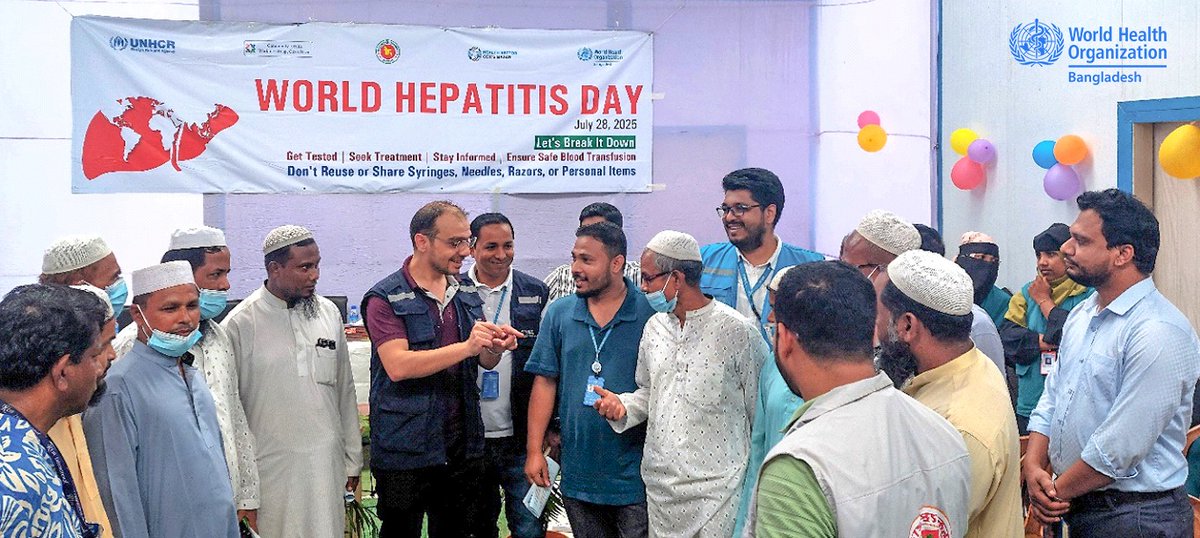 WHO_BD's tweet photo. In July 2025, WHO surveillance revealed alarming levels of Hepatitis C in Rohingya camps—36% RDT positivity overall and 15% among pregnant women screened.
#WorldHepatitisDay #LetsBreakItDown #HepatitisAwareness #RohingyaResponse https://t.co/uCS8JTiCsc