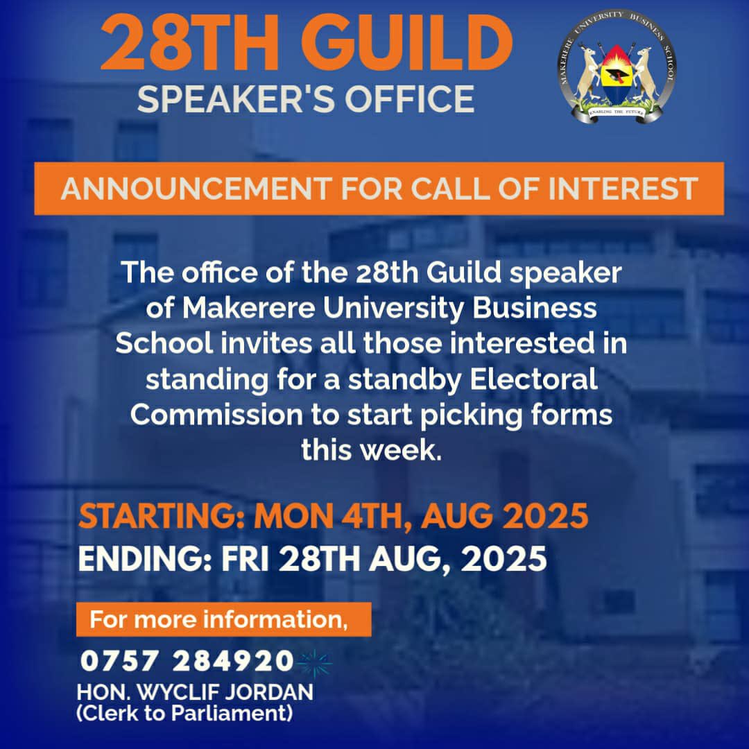 MUBS TV (@mubstv) on Twitter photo π’ CALL FOR INTEREST
The Office of the 28th Guild Speaker <a href="/OfficialMubs/">Makerere University Business School</a> invites all students interested in joining the Standby Electoral Commission to start picking forms this week
ποΈ Starts: Mon, 4th Aug 2025
β³Ends: Fri, 28th Aug 2025
π Info: 0757 284920 (Hon. Wyclif Jordan π’ CALL FOR INTEREST
The Office of the 28th Guild Speaker <a href="/OfficialMubs/">Makerere University Business School</a> invites all students interested in joining the Standby Electoral Commission to start picking forms this week
ποΈ Starts: Mon, 4th Aug 2025
β³Ends: Fri, 28th Aug 2025
π Info: 0757 284920 (Hon. Wyclif Jordan