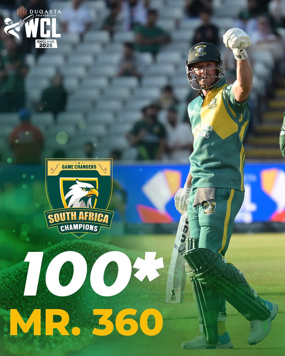 #SAvsPAK #WCL2025 फाइनल: 

एबी डिविलियर्स के 120 रनों की बदौलत दक्षिण अफ्रीका ने पाकिस्तान को 9 विकेट से हराकर WCL खिताब जीता। #mr360 💪