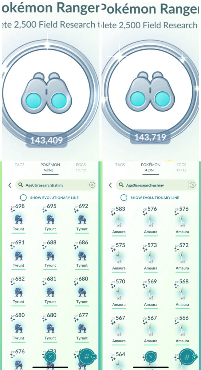 Acefranzen's tweet image. Fossil Day was a solid fun grind ending with 310 research completed. 1 Hundo Tyrunt &amp;amp; exactly 18 shinies each of Tyrunt/Amaura for a total of 36. But a few more shinies could be hiding in the back of my research stack… ✨🦖 #PokemonRanger #Fossils #PokemonGO
