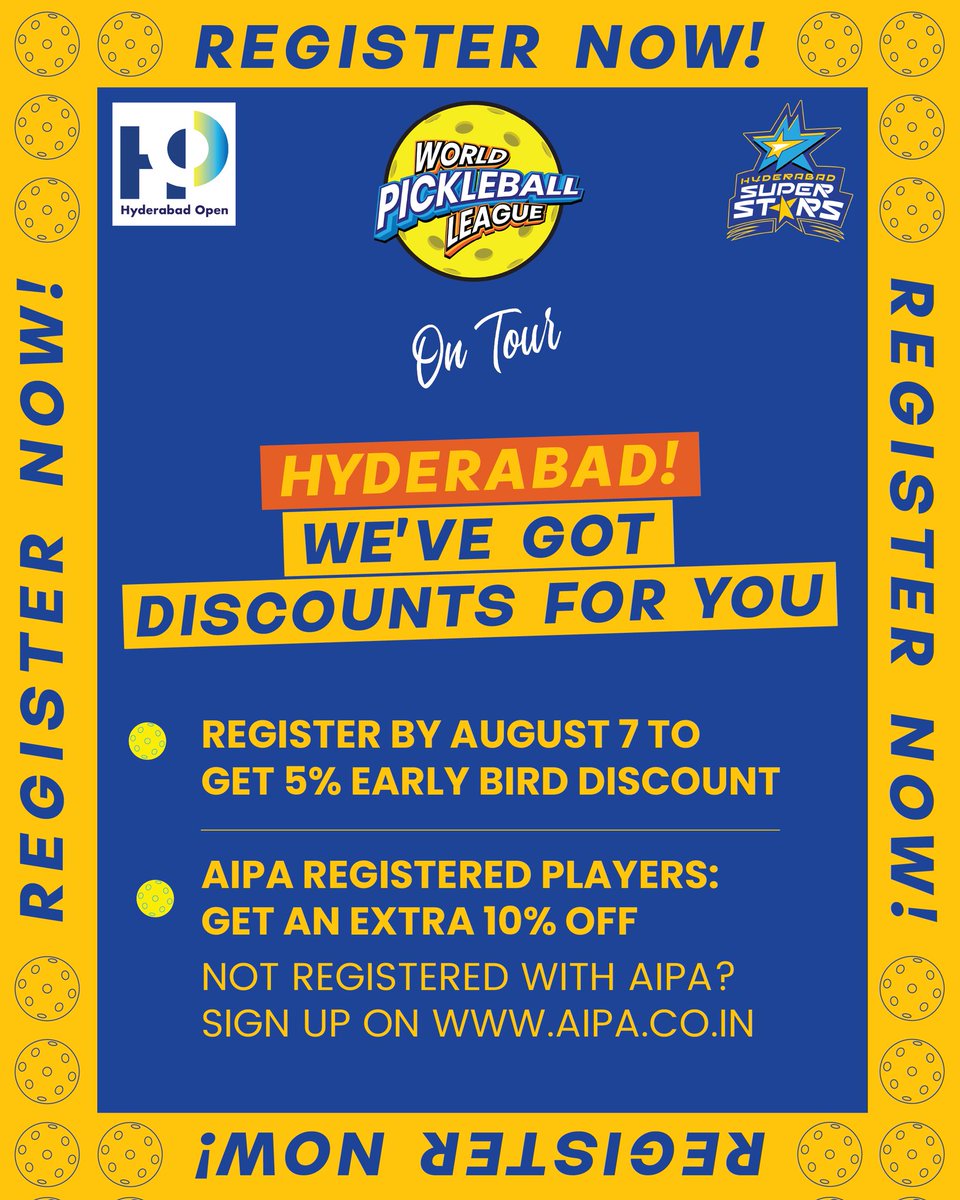 #Hyderabad - #WPBLOnTour has a Sunday special for you! 🤩

- 5% off with Early Bird registrations for the Hyderabad Open
- ⁠10% off if you're an AIPA-registered player - aipa.co.in ✍️

Head to app.wpbl.org to register for the Hyderabad Open! 📲

#WPBL