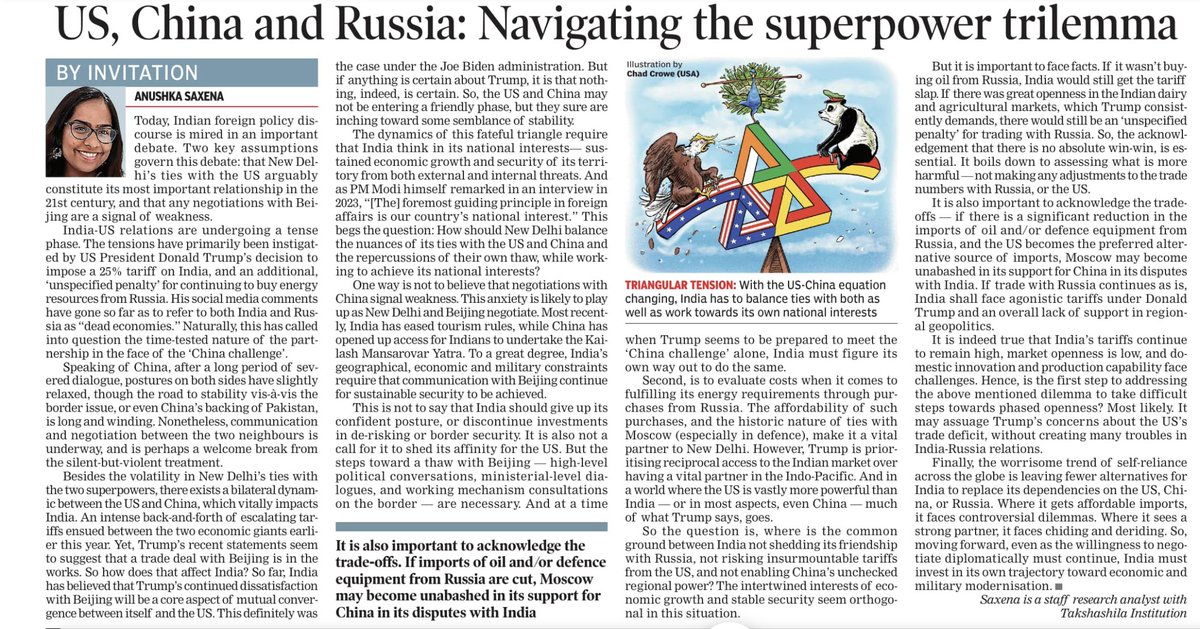 Trump's 25% tariffs, and his comments on the India being "dead economy," have stirred quite the debate on New Delhi-Washington ties. 

Weighing in, for today's <a href="/timesofindia/">The Times Of India</a>, I opine on India's national interest in the face of a balancing game between US, China, and Russia.