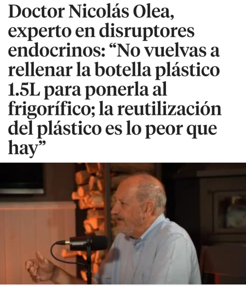 🧵2/8
El Dr. Nicolás Olea, referente mundial en toxicología, es tajante: 

“No reutilices botellas de plástico en el frigorífico”. 

Están hechas para un solo uso. 

Cada vez que las rellenas, el plástico se degrada y libera más sustancias venenosas.