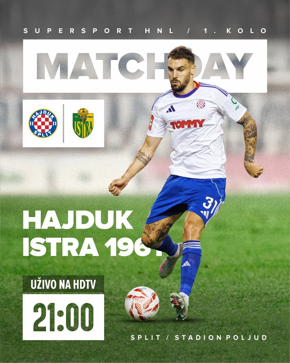 hajduk's tweet photo. ❤️ 𝗔𝗝𝗠𝗢 𝗕𝗜𝗝𝗘𝗟𝗜! 💙
🇭🇷 1. kolo #SuperSport HNL
⚽️ Hajduk 🆚️ Istra 1961
⏰ 21:00h
🏟 #Poljud
📺 Prvenstvene utakmice Hajduka možete gledati na #HDTV kanalu i #MAXSport 1.
🎫 https://t.co/Lawa7cei9f https://t.co/8BQ8McgDoa