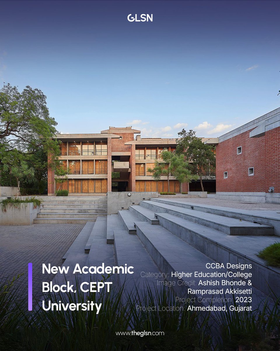 the_glsnetwork's tweet photo. A new chapter in CEPT’s legacy.
The New Academic Block by CCBA Designs blends innovation, sustainability & modern heritage.
@CEPTUniversity1
Full story : https://t.co/XkNjLkXCMi
#GLSN #CEPTUniversity #DesignForLearning #LearningSpaces #CampusDesign #PULSE2025 #Bengaluru https://t.co/TA79JI20bK