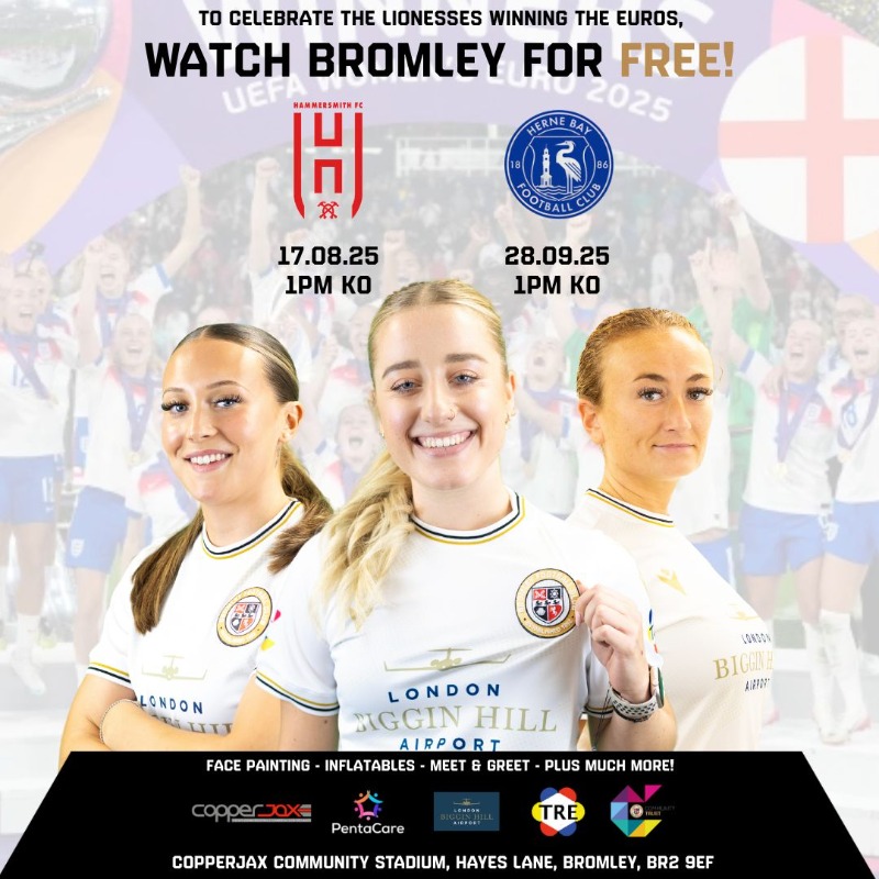 bromleyfc's tweet photo. Watch Bromley for FREE 🙌

To celebrate the Lionesses winning the Euro's, tickets for Bromley Women's fixtures against Hammersmith and Herne Bay are completely FREE 🤩

Click on the image to claim your ticket.

#WeAreBromley