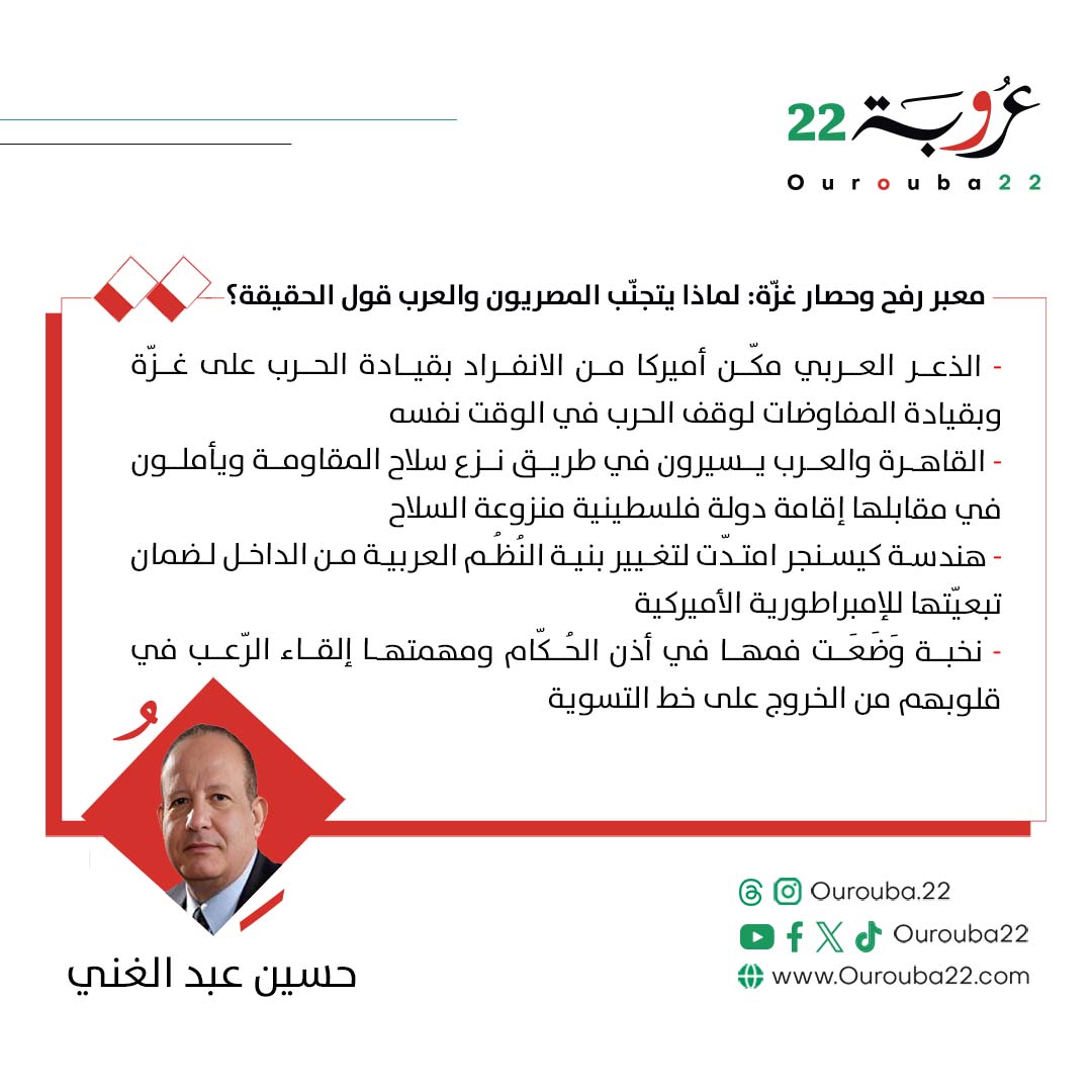 كتب #حسين_عبد_الغني في #عروبة22 | معبر رفح وحصار غزّة: لماذا يتجنّب المصريون والعرب قول الحقيقة؟

التفاصيل 👇
ourouba22.com/article/6479

<a href="/HusseinAbdelg17/">Hussein Abdelghany</a> 
#منصة_لكل_العرب #الإبادة_الجماعية #حصار_غزة #معبر_رفح #الأنظمة_العربية