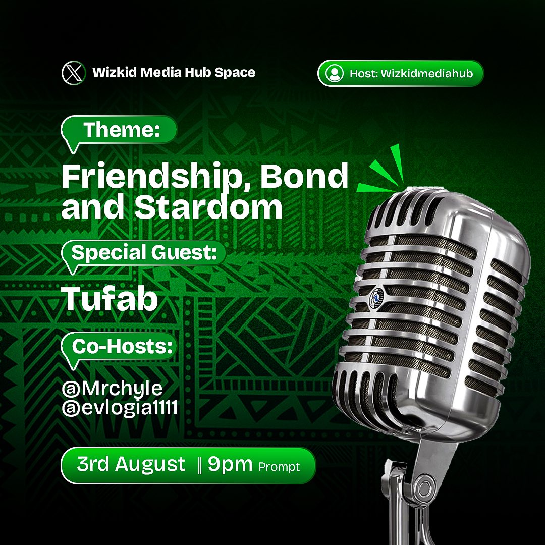 WIZKIDMEDIAHUB's tweet image. TONIGHT
 
We speak on friendship, bond, and stardom —
Not just the spotlight, but the sacred ties behind it.
Loyalty. Brotherhood. Legacy.

🎙️ X Space | 9PM
Host: @WizkidMediaHub
Co-hosts: @Mrchyle @evloga1111
Special Guest: Tufab

Real ones, tap in. 💫
#WizkidMediaHub #XSpace