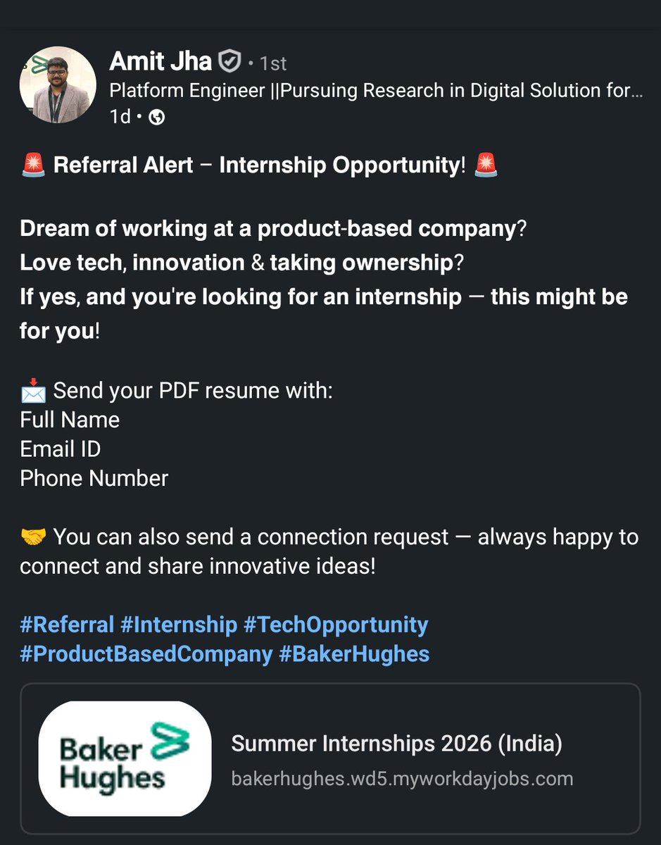 Ankit Raj (@ankit1478) on Twitter photo If you want a referral to a product-based company, send your resume to him  you can also send it to me. (Intern Position 2026) Onsite role
bakerhughes.wd5.myworkdayjobs.com/en-US/BakerHug… If you want a referral to a product-based company, send your resume to him  you can also send it to me. (Intern Position 2026) Onsite role
bakerhughes.wd5.myworkdayjobs.com/en-US/BakerHug…