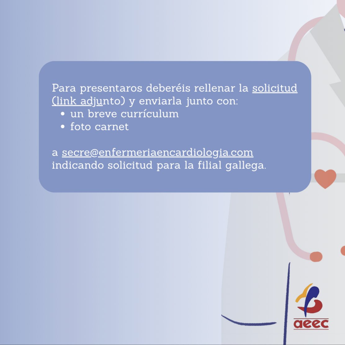 Asociacion Española de Enfermeria en Cardiologia (@aeec_enfcardio) on Twitter photo 📢 ¡La Filial Gallega de la AEEC abre 2 vocalías!
🗓 Plazo: hasta el 8 de septiembre
📄 Rellena el formulario: enfermeriaencardiologia.com/images/filiale…
📩 Envíalo con CV y foto a: secre@enfermeriaencardiologia.com 📢 ¡La Filial Gallega de la AEEC abre 2 vocalías!
🗓 Plazo: hasta el 8 de septiembre
📄 Rellena el formulario: enfermeriaencardiologia.com/images/filiale…
📩 Envíalo con CV y foto a: secre@enfermeriaencardiologia.com