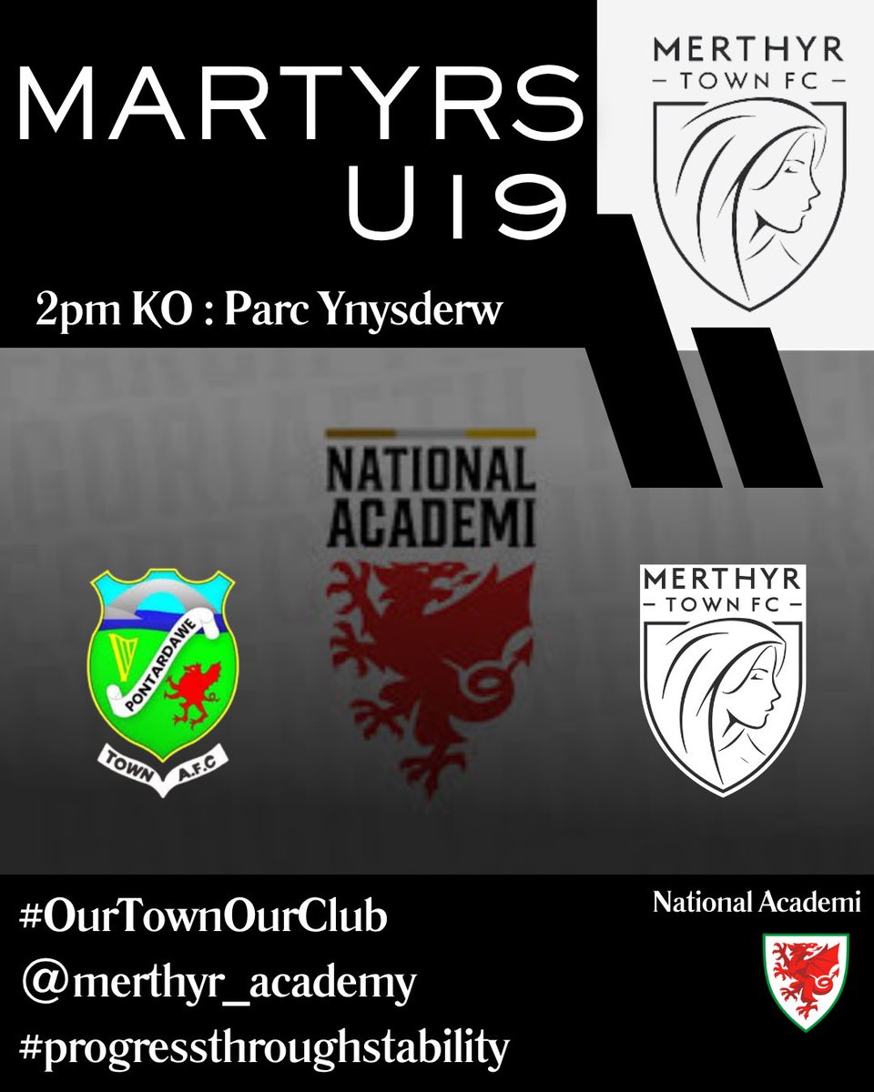 U19s MATCHDAY
📍 Parc Ynysderw
🆚 Pontardawe U19s
🕑 2PM KO
Our Martyrs U19s kick off their season today. The first step on the 2025/26 journey begins away to <a href="/pontyacademyfc/">Pontardawe Town Academy</a> 

All the best to the squad &amp; staff. 💪
#OurTownOurClub
#ProgressThroughStability
<a href="/MerthyrTownFC/">The Martyrs</a>