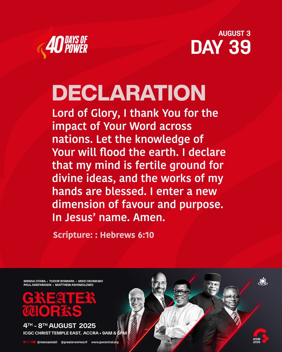 icgc_upperroom's tweet image. 📌DAY 39 DECLARATION

AFFIRM: I declare that my mind is fertile ground for divine ideas, and the works of my hands are blessed.

#40DaysOfPower | #GW2025 | #WeAreICGC | #SundaysAtICGC