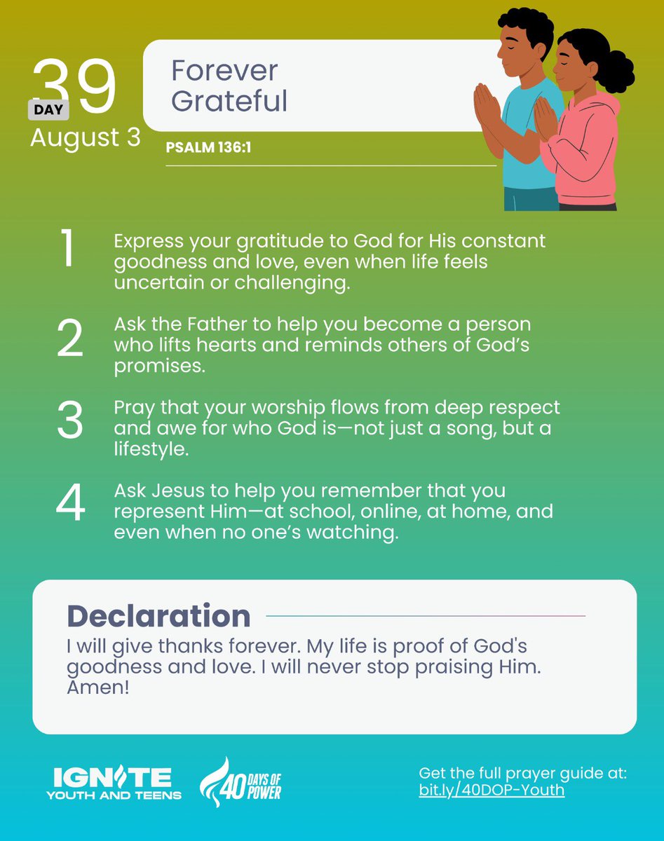 icgc_upperroom's tweet image. 📌DAY 39 DECLARATION

AFFIRM: I declare that my mind is fertile ground for divine ideas, and the works of my hands are blessed.

#40DaysOfPower | #GW2025 | #WeAreICGC | #SundaysAtICGC