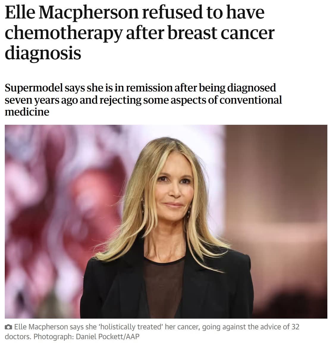 "Saying NO to standard medical treatment was the hardest thing I’ve ever done. But saying NO to my inner truth would have been even harder."

Elle Macpherson, 60, rejected chemo, radiation &amp; a mastectomy—choosing holistic healing instead. Now in remission, she calls it “utter