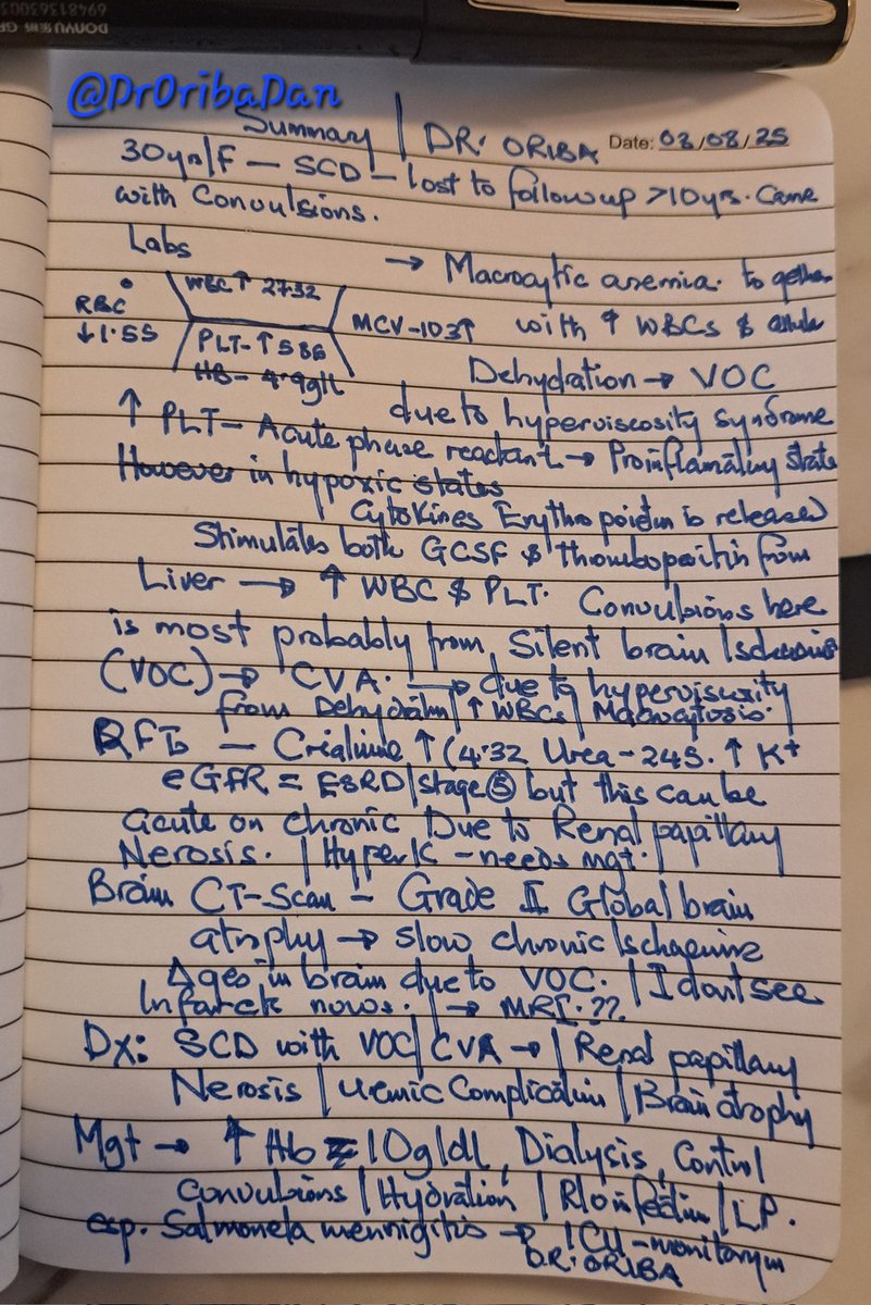 Hello Prof. Kalyesubula, find attached my Summary.
This patient is very sick with chronic &amp; acute complications of VOCs
I can't see obvious infarcts on CT-Scan. But the global brain Atrophy for a 30yrs is significant &amp; also Renal papillary Necrosis [Acute AKI on Chronic CKD]