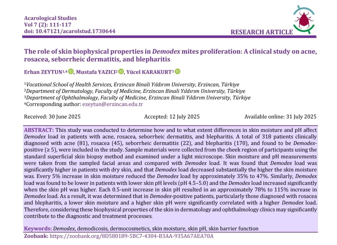 acarological_s's tweet photo. The role of skin biophysical properties in Demodex mites proliferation: A clinical study on acne, rosacea, seborrheic dermatitis, and blepharitis 
https://t.co/M6AelU3AVR #acari #acarology #mite #demodex https://t.co/Hhizy8auk0