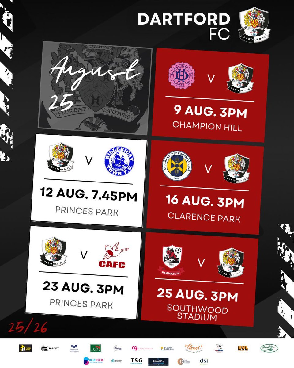 That is pre-season over. Attention now turns to the important business of the Isthmian Premier League. 

We have 5 games in August including two at home against Billericay Town and Carshalton Ath. 

Tickets are now on sale dartfordfc.ktckts.com/brand/match-ti…  
#dartsfc #dartfordfc