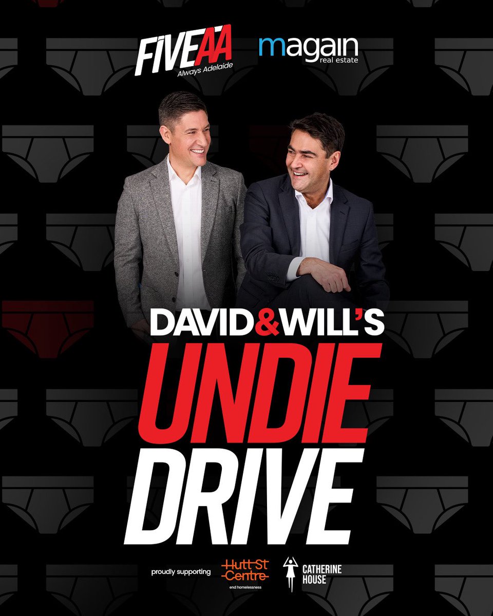 David &amp; Will’s Undie Drive kicks off tomorrow morning! 

Proudly supporting Hutt Street Centre and Catherine House, tune into FIVEAA Breakfast to hear how you can get involved. 

For more details or to donate online, visit👉 fiveaaundiedrive.com.au.