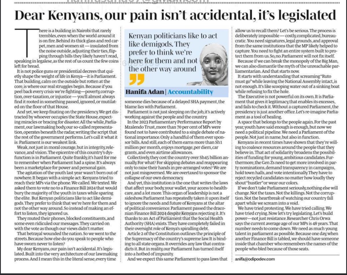 Good morning guys. In your papers today talking about our weakest link. THE PARLIAMENT. 

“There’s a building in Nairobi that rarely trembles, even when the country outside is on fire. Behind its thick glass and red carpet, men and women sit insulated from the noise, adjusting
