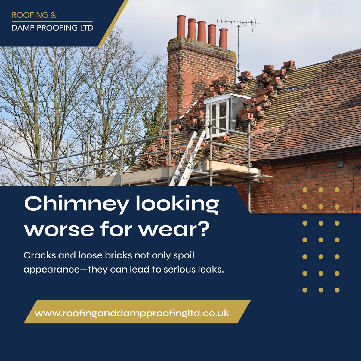 RoofDampProof's tweet image. 🏚️ Chimney looking worse for wear? 

Cracks and loose bricks not only spoil appearance—they can lead to serious leaks. 

Roofing &amp;amp; Damp Proofing Ltd. provides expert chimney repointing and structural repairs.

🧱 Book an assessment: roofinganddampproofingltd.co.uk

#ChimneyRepairs