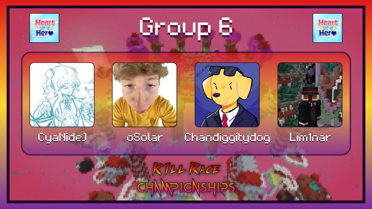 AJX (@captainajx) on Twitter photo Introducing the Players for Kill Race Championships
<a href="/j2996549126/">Cyan</a> <a href="/SolarHoopYT/">oSolar :)</a> <a href="/Chandiggitydog/">Chandog</a> <a href="/Lim1nar/">Liminar</a>
Graphic by: <a href="/CdogThePro/">CdogThePro</a>
Watch them Race to 100 Kills on the 10th of August at 4pm BST, raising money for <a href="/HeartOfAHer0_/">Heart Of A Hero</a> Introducing the Players for Kill Race Championships
<a href="/j2996549126/">Cyan</a> <a href="/SolarHoopYT/">oSolar :)</a> <a href="/Chandiggitydog/">Chandog</a> <a href="/Lim1nar/">Liminar</a>
Graphic by: <a href="/CdogThePro/">CdogThePro</a>
Watch them Race to 100 Kills on the 10th of August at 4pm BST, raising money for <a href="/HeartOfAHer0_/">Heart Of A Hero</a>