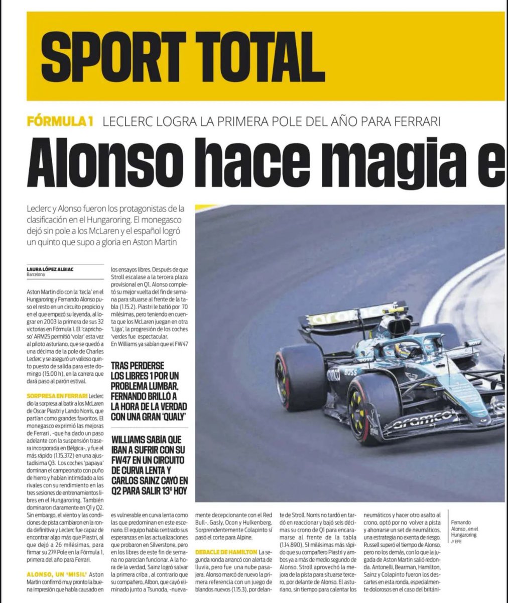 MedF1osTV's tweet image. 📰🗞️

“Alonso hace magia en Hungría”.

✍🏽 @LauraAlbiac | Diario Sport.