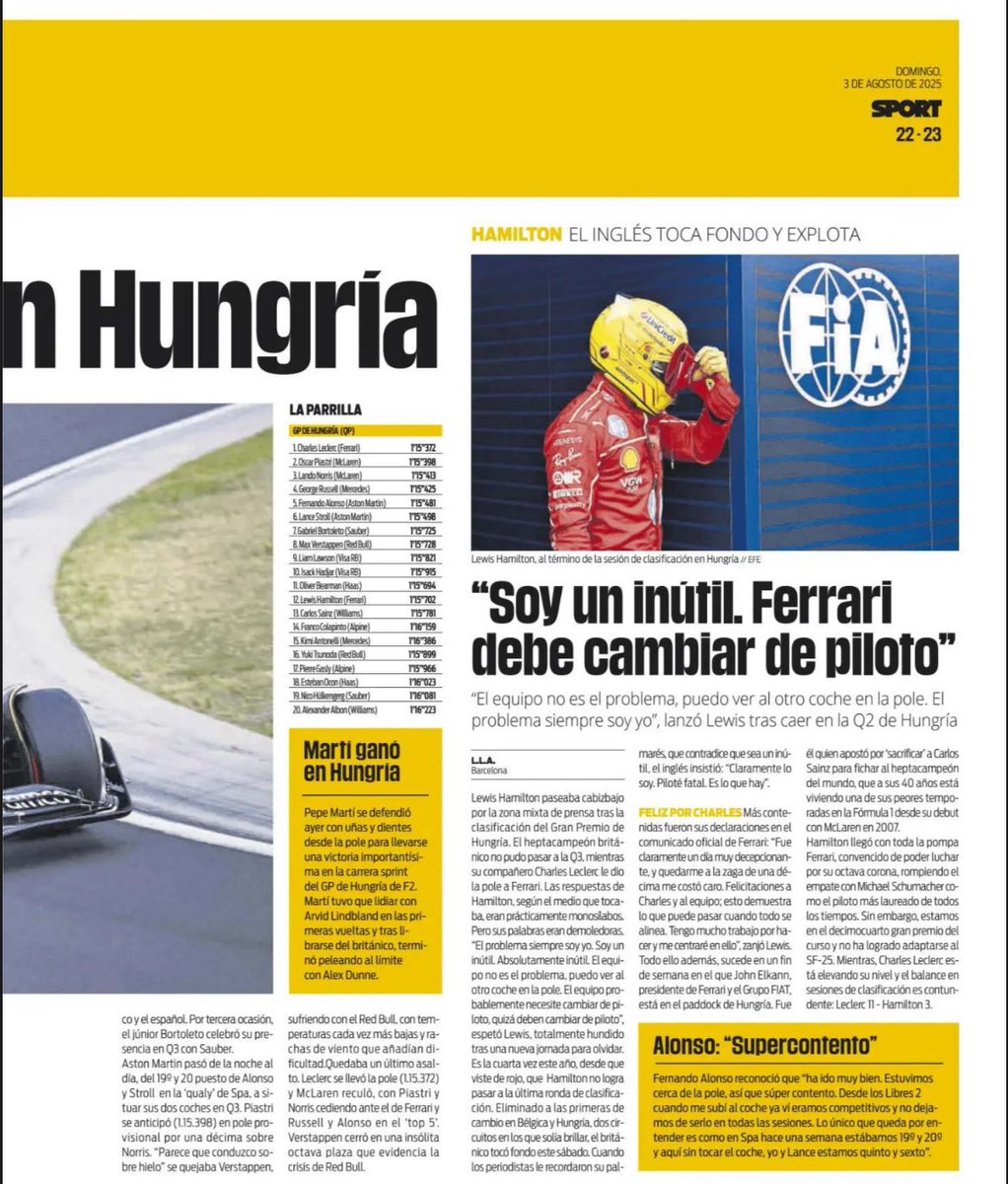 MedF1osTV's tweet image. 📰🗞️

“Alonso hace magia en Hungría”.

✍🏽 @LauraAlbiac | Diario Sport.