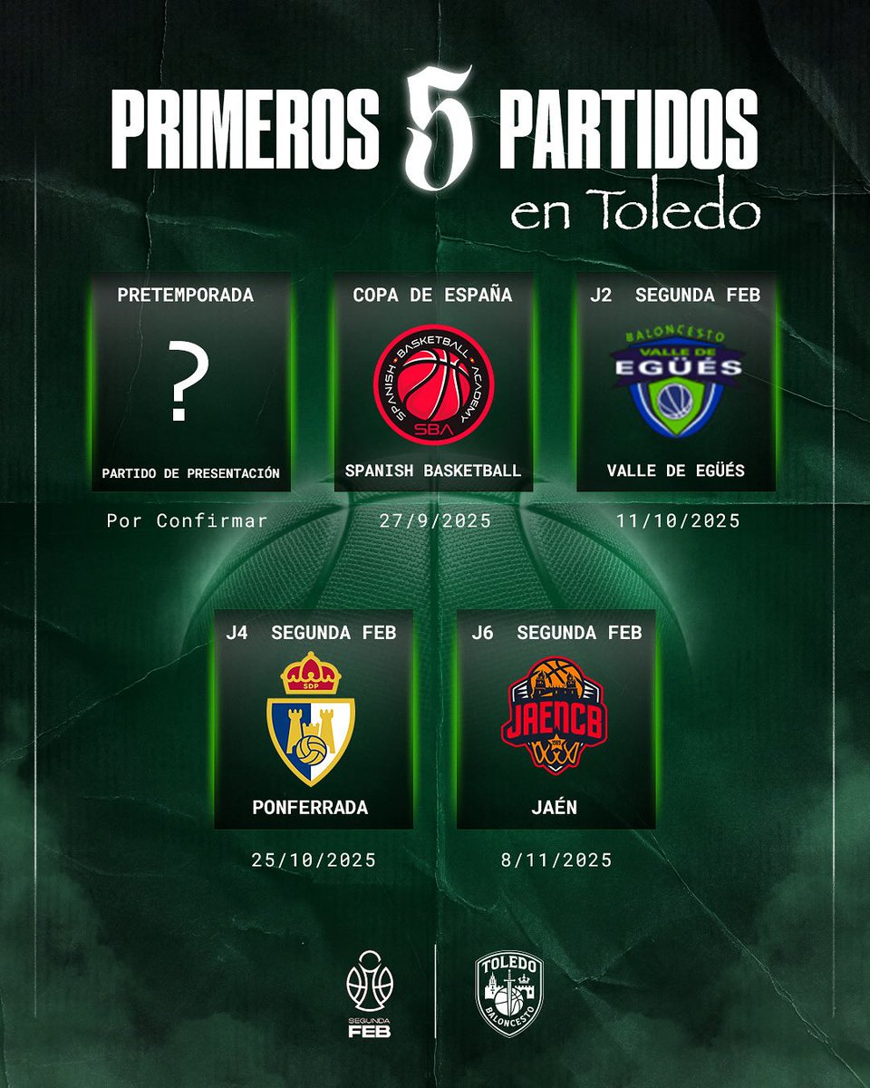 💚¿Preparad@s para vivir la Magia del Baloncesto en casa?💚

Aquí tenéis los primeros 5 partidos que disputaremos en el Pabellón Javier Lozano 🏡

⭐️ Super partido de presentación aún por confirmar fecha
🎟️ En Septiembre iniciamos la Campaña de Abonados

#UnaCiudadUnaIlusión