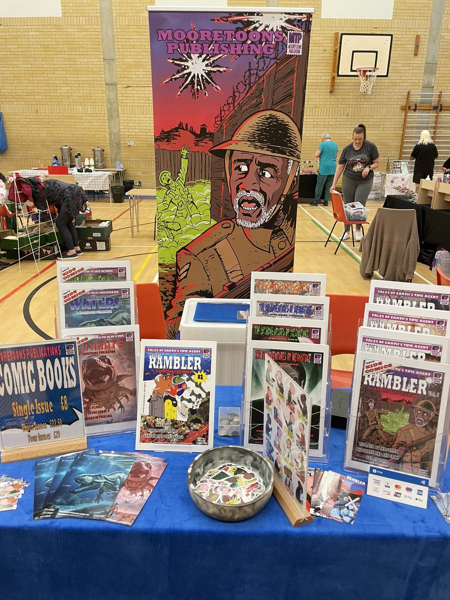 All set up at the Crafty Me Monthly Craft Fair with all my "Mooretoons Publishing" comic books, stickers, bookmarks and art cards. The show runs from 1100-1500 hours and is being held at HSDC South Downs, College Road, Widley, Waterlooville, Hampshire PO7 8AA. 😁