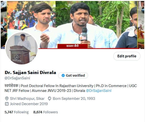 "आज से मुझे डॉ. सज्जन सैनी दिवराला के नाम से जाना जाए। मैं राजस्थान के सीकर जिले की श्रीमाधोपुर विधानसभा के ग्राम दिवराला का निवासी हूं,ग्रामीण परिवेश में पला-बढ़ा,दिवराला के एक किसान परिवार से निकलकर में वर्तमान में राज विश्वविद्यालय से पोस्ट डॉक्टरेट शिक्षा प्राप्त कर रहा हूं।"