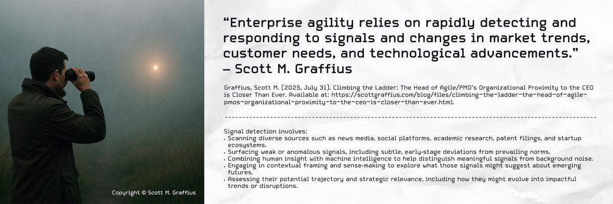 ScottGraffius's tweet image. Signal Detection and Enterprise Agility

“Enterprise agility relies on rapidly detecting and responding to signals and changes in market trends, customer needs, and technological advancements.” — Scott M. Graffius, scottgraffius.com/blog/files/cli…

#SignalDetection #EnterpriseAgility