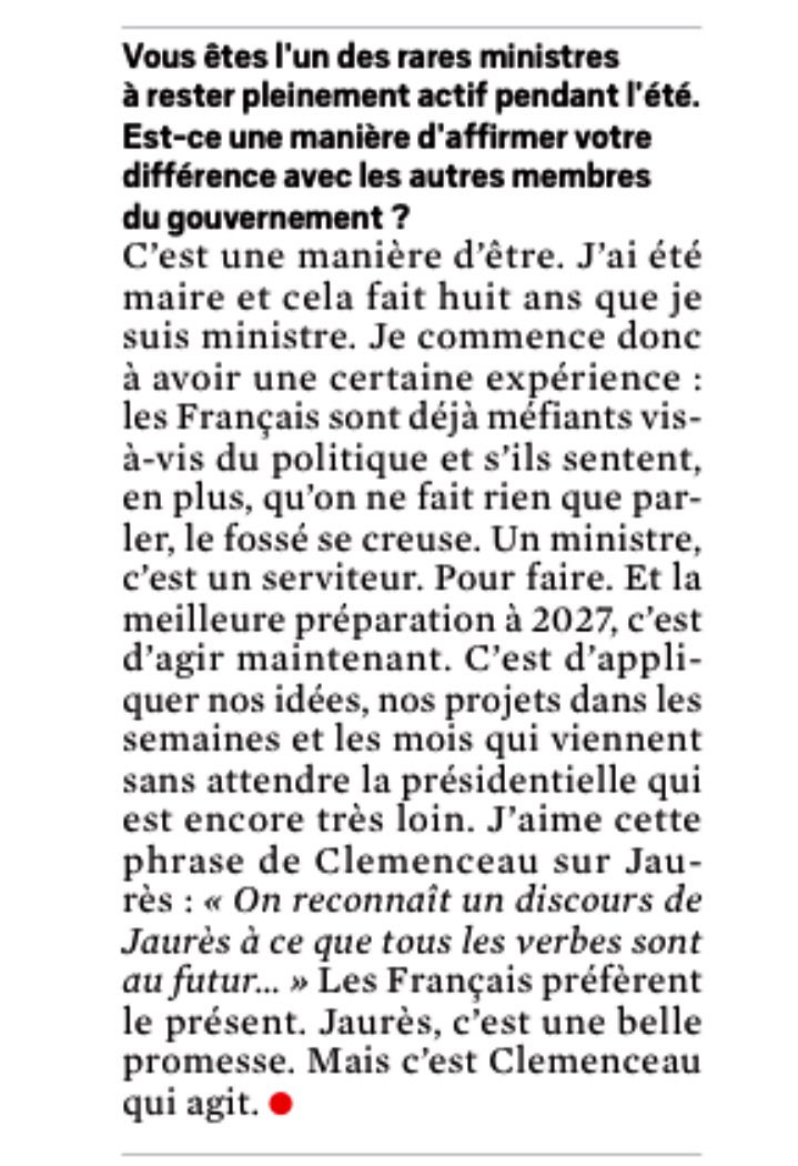 « J'aime cette phrase de Clemenceau : “On reconnaît un discours de Jaurès à ce que tous les verbes sont au futur.” Les Français préfèrent le présent. 

Jaurès, c'est une belle promesse. Mais c'est Clemenceau qui agit. » 🙌 <a href="/GDarmanin/">Gérald DARMANIN</a> (<a href="/leJDD/">Le JDD</a>)