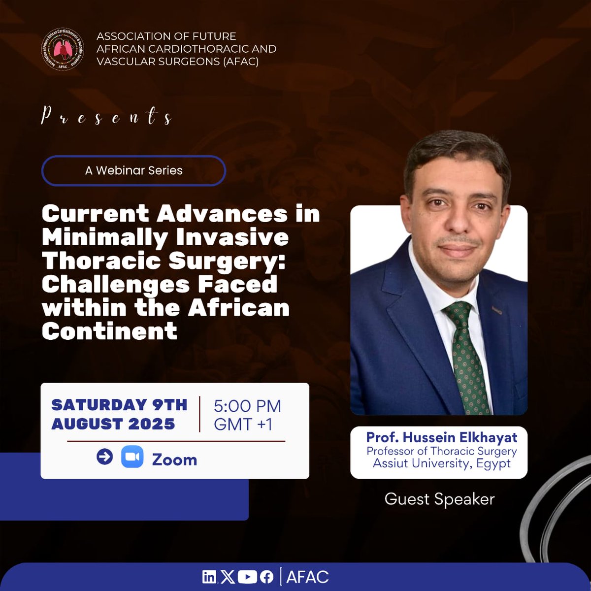 AFAC (@futureafroct) on Twitter photo Join us on Saturday 9th of August, 2025 for an exciting webinar on  Current Advances in Minimally invasive Thoracic surgery: Challenges faced within the African Continent .
Join us through the link! us06web.zoom.us/j/88945326259?…
Don't miss this impactful session Join us on Saturday 9th of August, 2025 for an exciting webinar on  Current Advances in Minimally invasive Thoracic surgery: Challenges faced within the African Continent .
Join us through the link! us06web.zoom.us/j/88945326259?…
Don't miss this impactful session