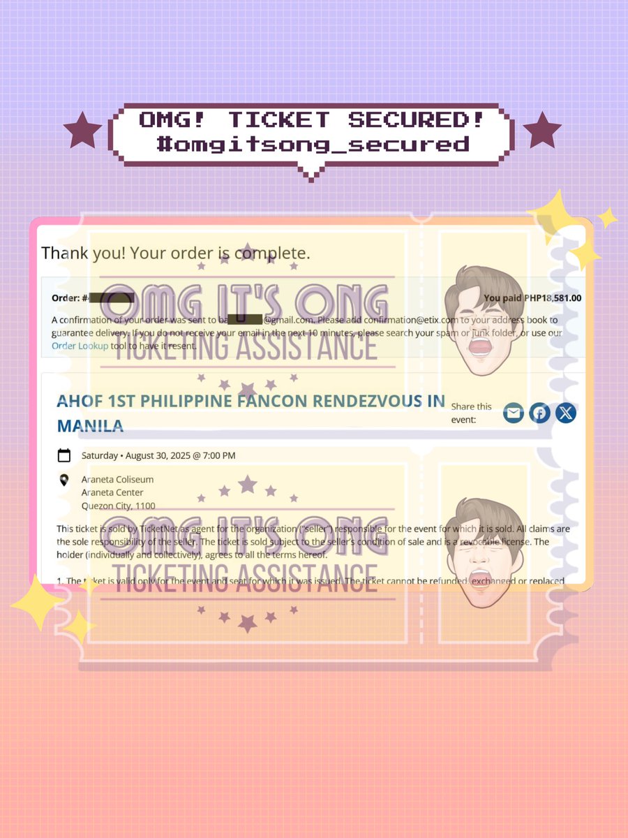 #OIO_proofs

OMG, Tickets secured for AHOF 1ST Philippine FanCon #RENDEZVOUS in Manila!

✨Ticket secured under client's details!

✅ 4 SVIP
✅ 1 VVIP
✅ 3 VIP
✅ 2 Lowerbox
✅ 1 UBB

❌TICKETS NOT FOR SALE❌

#AHOF #아홉 #アホプ #RENDEZVOUSinMANILA