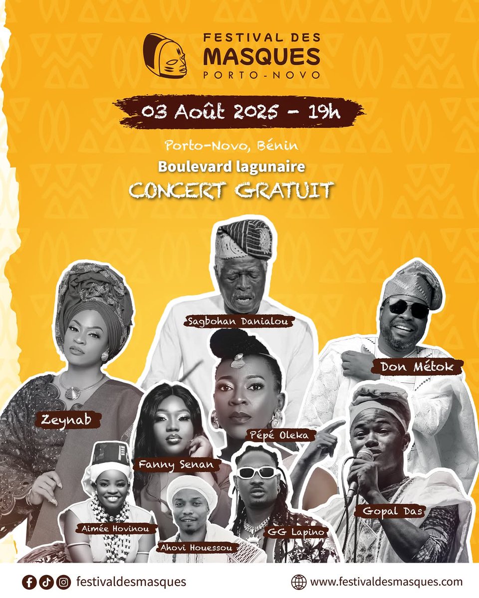 Deuxième et dernier jour du Festival des Masques à Porto-Novo!

Ce dimanche 3 août, la capitale culturelle vous ouvre ses portes pour une journée de célébration intense.

Grande Procession des Masques de 16h à 17h30 sur le Boulevard Lagunaire: un moment unique où les masques