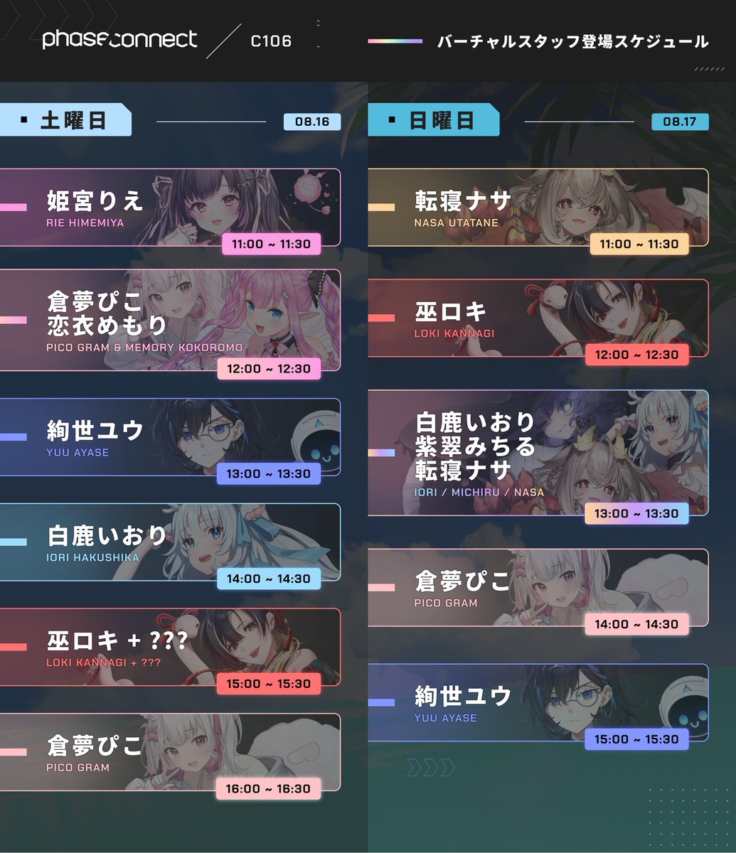 Phase Connect JP【公式】 (@phaseconnectjp) on Twitter photo 🎐夏コミ バーチャル出演のお知らせ🎐
C106 Phase Connectブースの大型モニターにタレントが出演します!
✨出演タレント
・姫宮りえ(<a href="/HimemiyaRie/">Himemiya Rie 👑💌 Phase Connect</a>)
・紫翠みちる(<a href="/shisuimichiru/">紫翠みちる🗝✡️【PhaseConnect】</a>)
・転寝ナサ(<a href="/UtataneNasa/">転寝ナサ🛌🌟Nasa @PhaseConnect</a>)
・白鹿いおり(<a href="/hakushikaiori/">白鹿いおり🍴🦌【Phase Connect】</a>)
・倉夢ぴこ(<a href="/grampico_/">倉夢ぴこ🤍🐕Phase Connect</a>)
・恋衣めもり(<a href="/kokoromomemory/">恋衣めもり🍬🩷【Phase Connect】</a>) 🎐夏コミ バーチャル出演のお知らせ🎐
C106 Phase Connectブースの大型モニターにタレントが出演します!
✨出演タレント
・姫宮りえ(<a href="/HimemiyaRie/">Himemiya Rie 👑💌 Phase Connect</a>)
・紫翠みちる(<a href="/shisuimichiru/">紫翠みちる🗝✡️【PhaseConnect】</a>)
・転寝ナサ(<a href="/UtataneNasa/">転寝ナサ🛌🌟Nasa @PhaseConnect</a>)
・白鹿いおり(<a href="/hakushikaiori/">白鹿いおり🍴🦌【Phase Connect】</a>)
・倉夢ぴこ(<a href="/grampico_/">倉夢ぴこ🤍🐕Phase Connect</a>)
・恋衣めもり(<a href="/kokoromomemory/">恋衣めもり🍬🩷【Phase Connect】</a>)