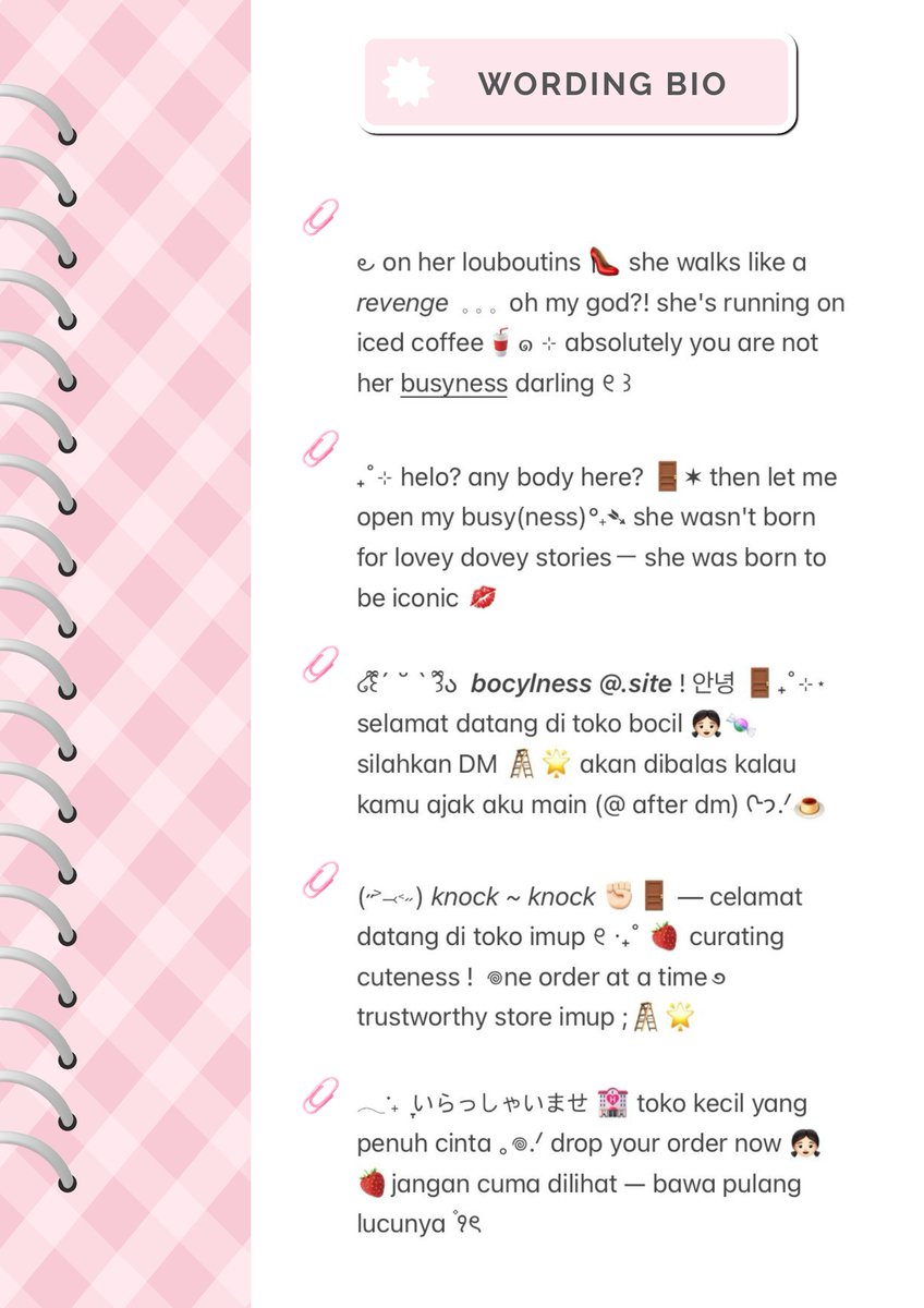 help repost please, thank you love ! 💗

𓄳 halo semua, ren ada 5 wording bio ready stock yang bisa kamu bungkus sekarang juga loh៸៸៸ 🛒 3.000/ each ~ mari jajan stock wordingnya bub ˚୨୧⋆｡

#zonauang