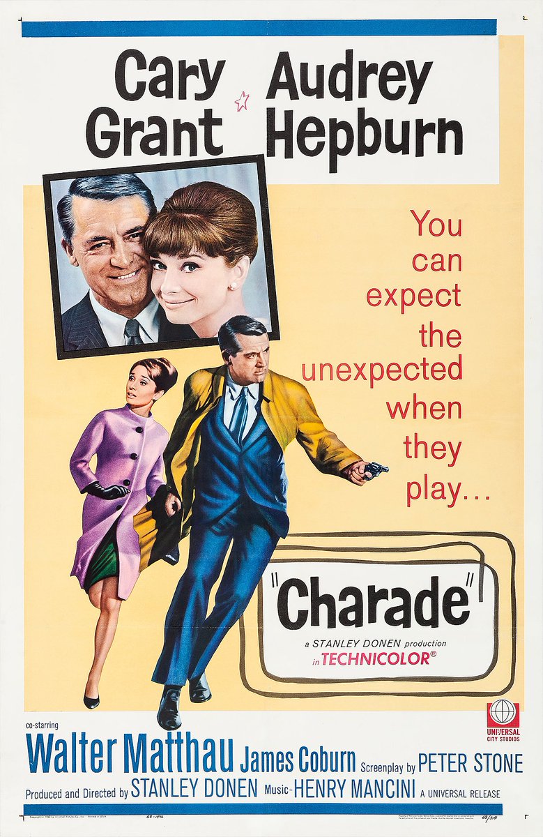 Charade (1963) 
 
A beautiful widow tries to find her husband's lost fortune while eluding the killers who want it themselves. 
DIR Stanley Donen 
CAST Cary Grant, Audrey Hepburn, Walter Matthau

2 HRS | SUSPENSE/MYSTERY | 2:00 PM EDT